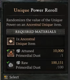 Unique Power Reroll 界面